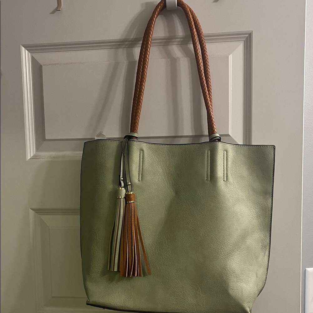 NWOT Green Tote Purse with Tan Handles